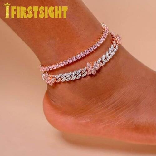 New Parking Rose Gold Pink cz Butterfly Anklet Jewelry 10mm Iced Out Bling cz Miami Cuban Link Leg Anklet Women Hiphop Jewelry