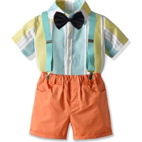 Baby Boy Clothes Summer Formal Clothes Baby Boys Striped Shirt Bow Tie+Orange Short pants Clothing For Children Kids