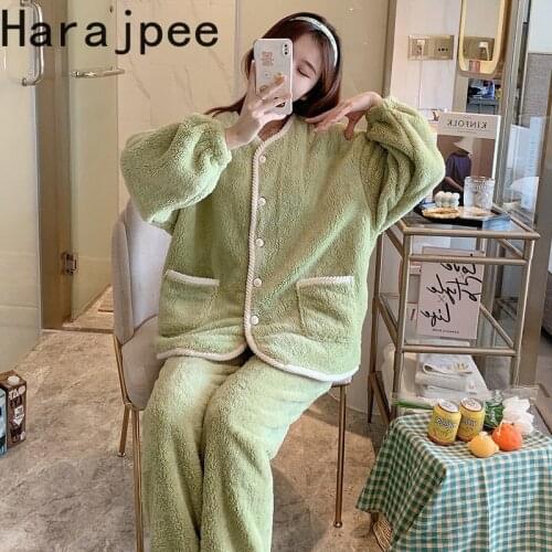 Harajpee Autumn Winter Pajamas Girl Coral Cashmere Thickened Cashmere Sweet and Lovely Home Suit Can Be Worn Out 2021 New