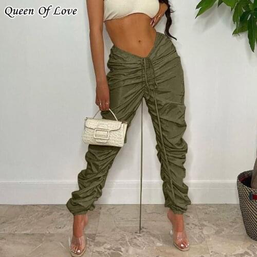 Sexy Low Cut Waist Ruched Pant Women 2021 New Autumn Winter Fashion Streetwear Club Party Drawstring Pleated Trackpant Y2K