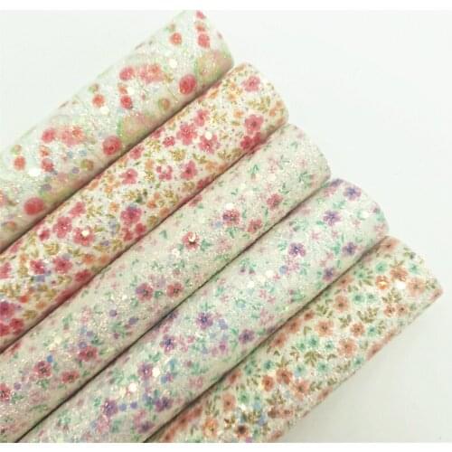 Flowers Printed Iridescent Chunky Glitter Vinyl Fabric Sheet Felt Backing Synthetic Leather Faux Vinil DIY A4 SIZE 6S02B