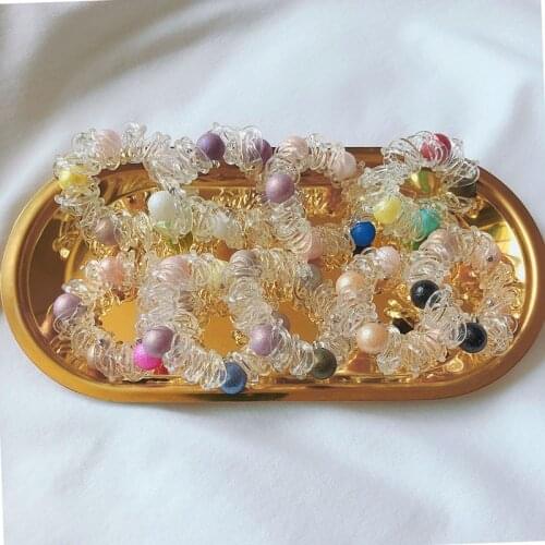 3Pcs/Pack Women Colorful Pearl Telephone Wire Line Hair Ties Transparent Color Spiral Shape Headwear Twisted Elastic Hair Band
