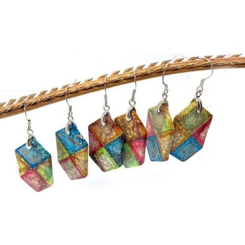 Natural Stone Earrings Turquoise Colorful Stitching Hexagon Pendant Earrings DIY Womens Glamour Jewelry Party Creative Gift