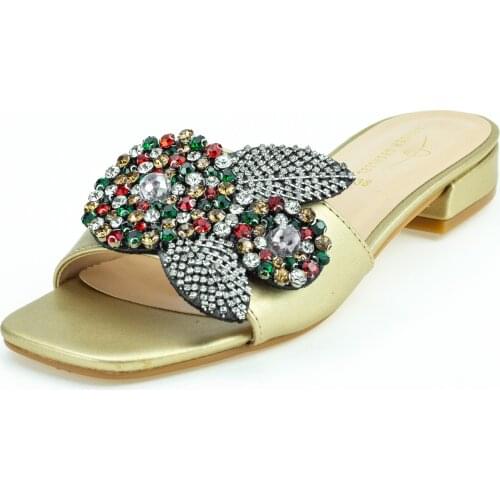 1552-4 Luxury Bees Leaf Pendant Women Slides Leather Slippers Summer Shoes Women Ladies Low Heeled Slipper Mules Female Shoes