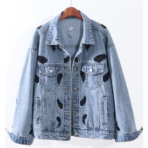 2020 Autumn New Denim Jacket Women Overcoat Feather Embroidery Jeans Jacket Loose Coat Casual Vintage Female Outwear P855