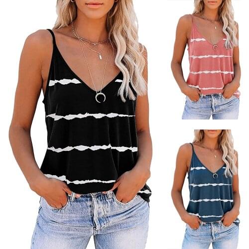 Womens Sexy Striped Printed Camisole Deep V Neck Sleeveless Casual Loose Backless Pullover Summer Adjustable Camisole T-shirt