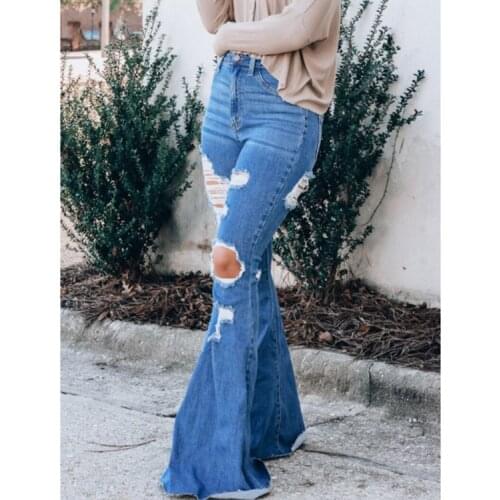 Plus Size Jeans Women High Quality Temperament 2021 High Waist Ripped Flared Pants Hole Sexy Solid Casual Denim Trousers