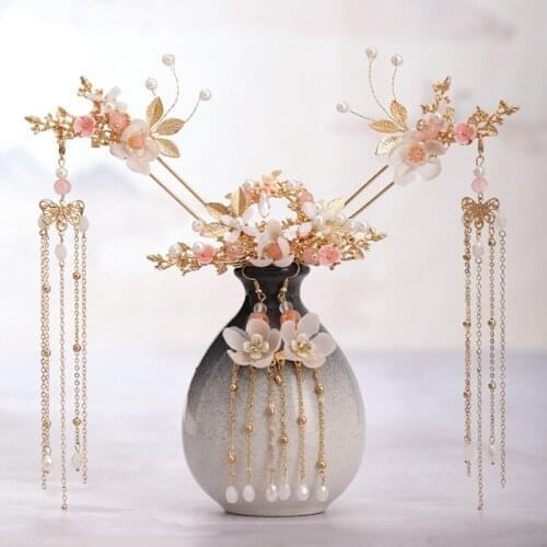 Women Girls Chinese Hanfu Dress Jewelry Sets Antique Tassel Floral Hairpins Earrings Hair Forks Headpieces Accessories