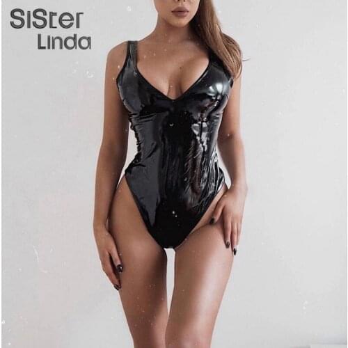 Sisterlinda PU Leather Black Bodysuit Women Deep V-Neck Sleeveless Skinny Bodysuits Female Fashion Rompers Mujer 2021 Streetwear