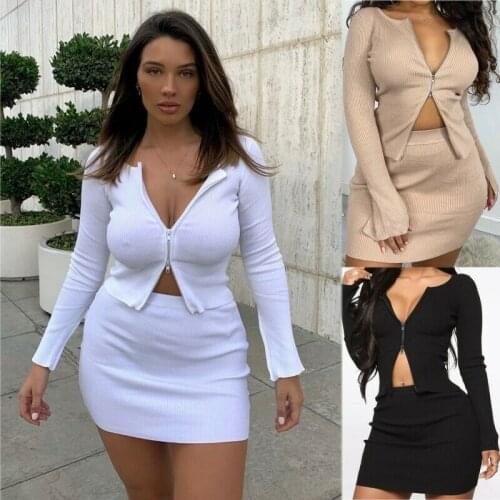 2Pcs Womens Zipper Crop Top Bodycon Skirt Shorts Co Ord Set Casual Party Dresses
