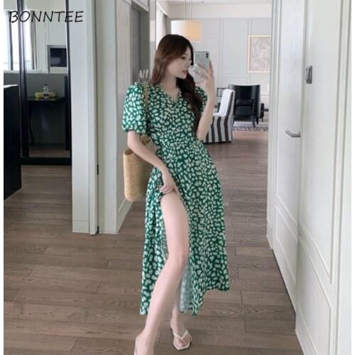 Dress Women Summer Beach Ankle-length Floral Boho Wrap Casual V-Neck Split Sexy Party Korean Style Fashion Bandage Elegant Slim