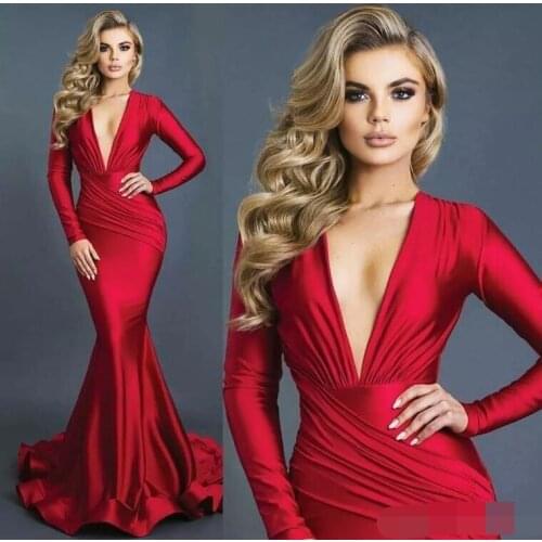 2020 robe de soiree abiye Red Mermaid Formal Evening Dresses Sexy Plunging V Neck Long Sleeves Ruched Prom dress robe de soiree