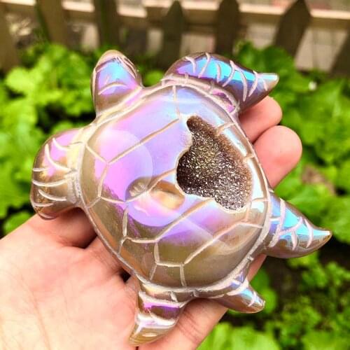 1Pcs Angel Aura Agate Crystal Cluster Carved Crystal Animals Tortoise Figurine Home Decoration Feng Shui Healing Crystal