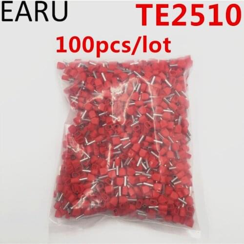 100PCS E Tube TE2510 Type Double Pipe Insulated Twin Cord Cold-press Terminal Block Connector Needle End Multicolor 2X2.5 mm2