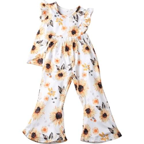 2021 1-6Y Summer Kids Baby Girl Clothing Sweet Flower Print Sleeveles Top T-shirt+Flare Pants Holiday Outfits Children 2pcs Set