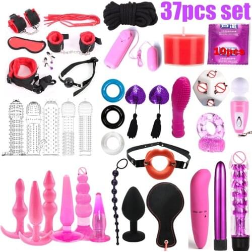 37pcs set Nylon Sex Bondage Set Handcuffs Nipple Clamps Collar Gag Whip Rope Tail Anal plug Vibrator Couples Sex Toys for Adults