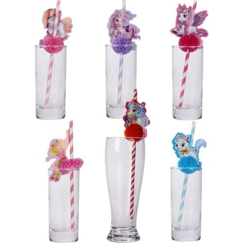 6 pcs long 3D Unicorn Drinking Straws Honeycomb Tropical Hawaiian Beach Theme Disposable Drinking Straws Fruit Straws Tropical