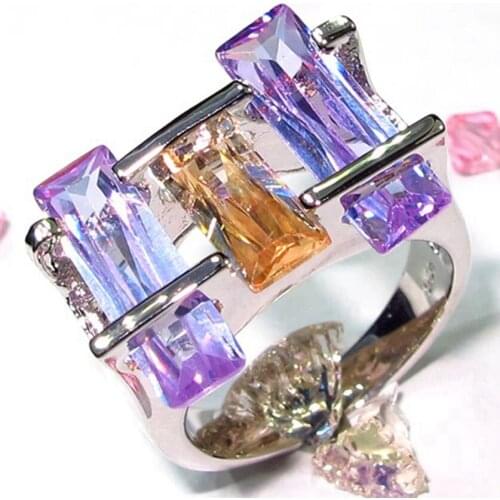 Fleure Esme Big Fashion Wedding Rings Jewelry For Noble Women On Sale Purple Champagne Cubic Zirconia Rhodium Plated R214 size 9