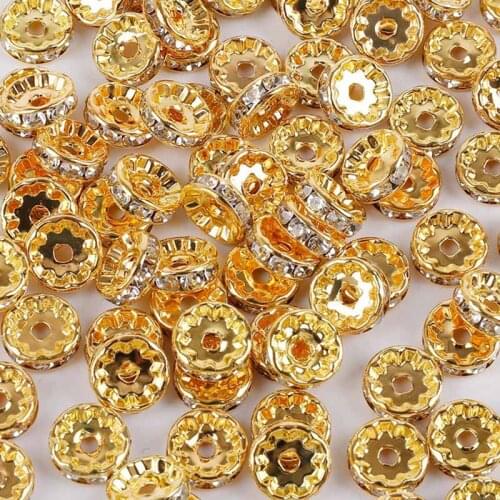 100pcs/lot 6/8/10mm Rhinestone Rondelles Crystal Beads Gold/Silver Color Loose Spacer Charm Beads for DIY Jewelry Making