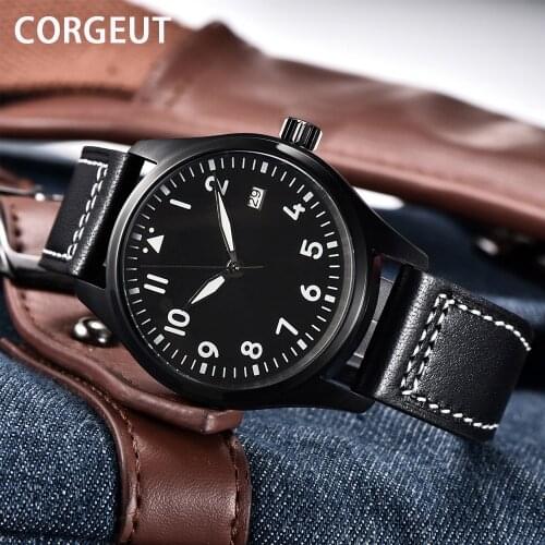 CORGEUT Man Wrist Watch Seagull Movement Mechanical Automatic Watches Luxury Business Black Leater Band Herrenuhr Sapphire Clock