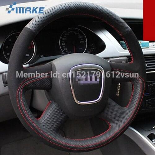 For Audi A4L High Quality Hand-stitched Anti-Slip Black Leather Black Suede Red Thread DIY Steering Wheel Cover