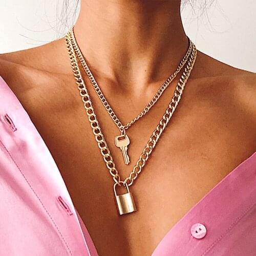 Key Lock Necklace Double Layer Punk Link Chain Padlock Pendant Hiphop Gothic