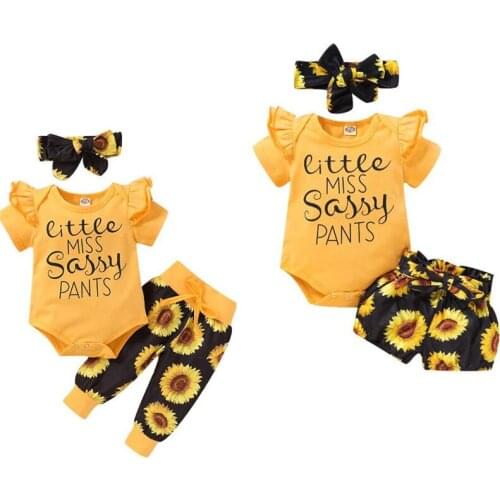 2020 Summer Toddler Infant Newborn Baby Girl Clothes Set Yellow Short Sleeve Letter Bodysuit Sunflower Pants Shorts Outfit 3Pcs