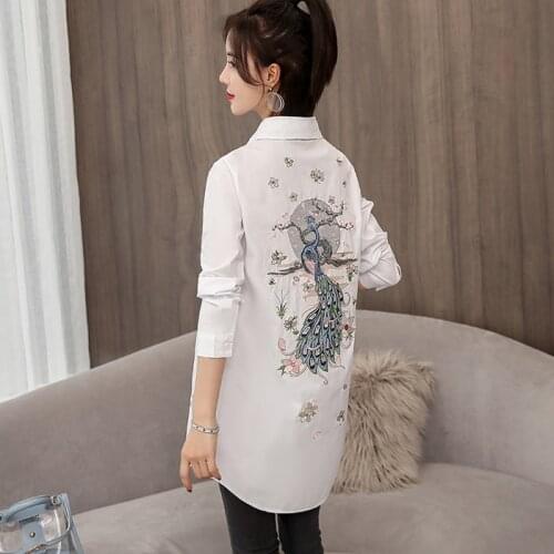 Fashion Embroidery Womens Shirt Summer Autumn Three Quarter Polo Collar Long Blouse All Match Korean Casual Tops blusa feminina