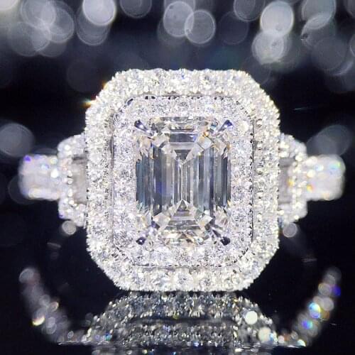 Fashion Design 18K White Gold Center 1ct Emerald Cut Moissanite Double Halo Ring Engagement Ring Wedding Ring Jewelry For Women
