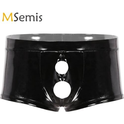 Mens Underwear Wet Look Patent Leather Lingerie Panties Low Rise Bulge Pouch with Holes Boxer Briefs Shorts Underwear Underpants