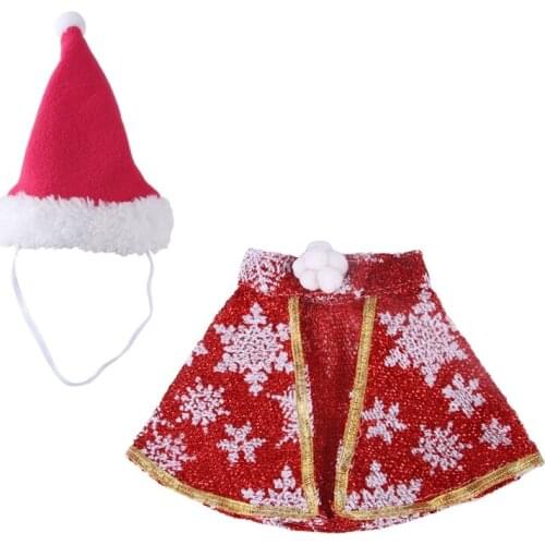 Pet Christmas Costume Set Adjustable Cloak with Xmas Red Hat Red/Green Clothes with Snowflake/Stripes Print S/M/L