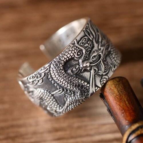 Real S999 Sterling Silver Retro Chinese Style Dragon In The World Carved Ring On The Inner Wall Exquisite Party Jewelry