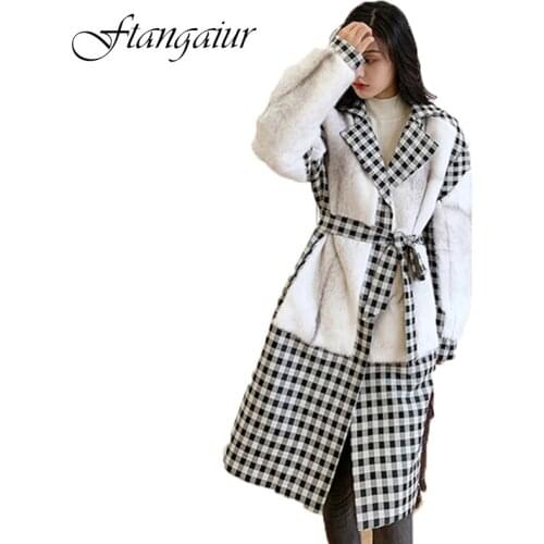 Ftangaiur 2021 Winter Import Velvet Mink Fur Coat Full Sleeve Cross Mink Fur Coats Women Medium Plaid Sashes Real Fur Coats