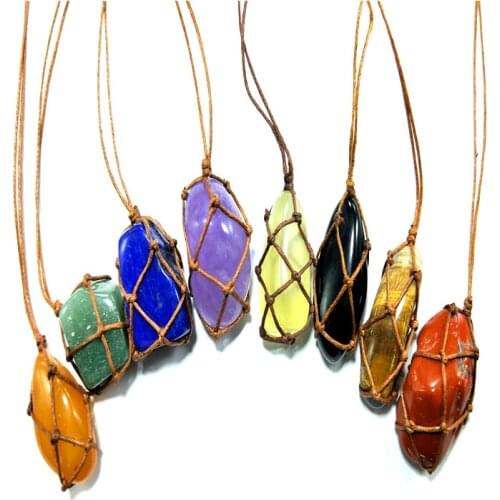 Handmade Hemp Necklace Quartz Crystal Gem Natural Stone Pendant Macrame Reiki Healing Crystal Necklace Braid Rope Stone Jewelry
