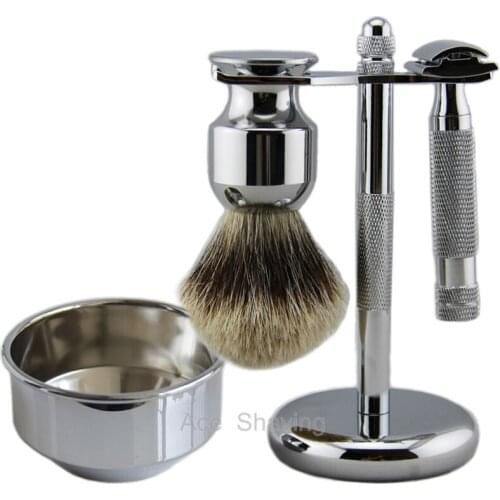 Barber Shaving Set Safety DE Razor Holder Stainless Double Edge Blade Badger Hair Brush Metal Stand Bowl