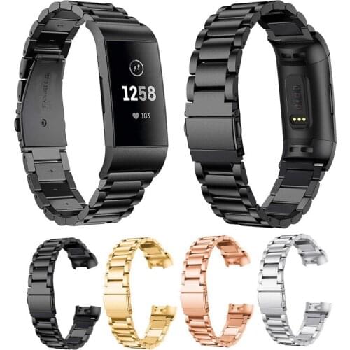 Suitable for Fitbit Charge 3 Wristband Three Beads Stainless Steel Wristband Butterfly Buckle Steel Band Watch Bracelet