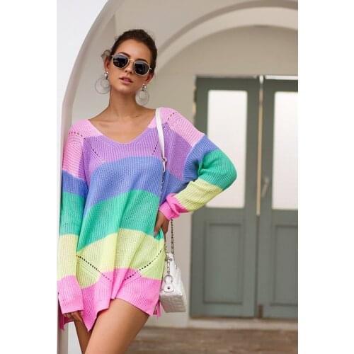 Striped Rainbow Sweater Women V Nevk Long Sleeve Casual Loose Winter Autumn Knitted Pullovers Off Shoulder Sexy Female Jumper