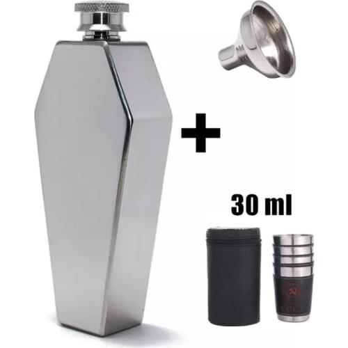 Portable Hip Flask 3.5oz Spirits Cup + Funnel Stainless Steel 4pcs 30ml Shot Glass Set Personalized Coffin Shape Flagon Men Gift