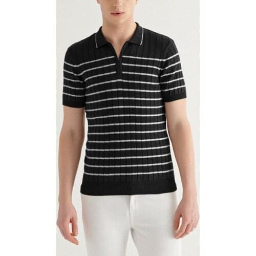 Summer Mens Casual Slim Polo Shirts Fashion Striped Short Sleeve Knitted Polo Shirt New Vintage Turn-down Collar Zipper Men Top