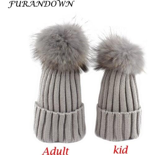 Colored Pompom Beanie Winter Hats For Women Real Mink Raccoon Fur Hat Striped Knitted Cap Beanies For Ladies