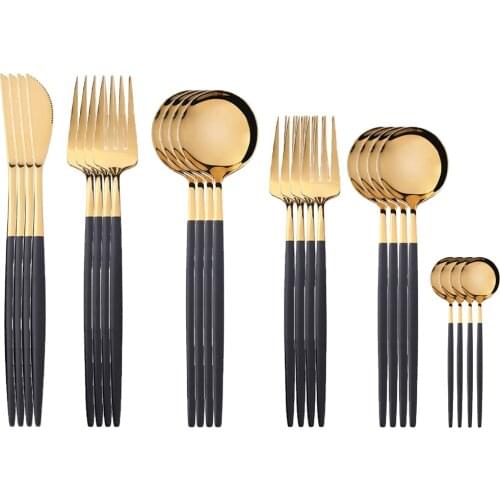24pcs Dinner Cutlery Set Tableware Black Gold Stainless Steel Dinnerware Utensils Dessert Fork Knife Tea Spoon Table Flatware
