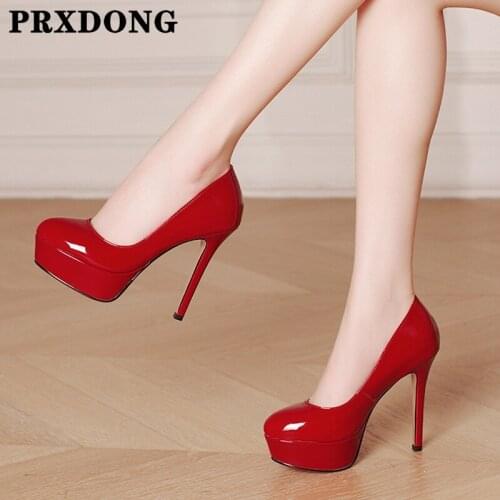 Women Pumps New Sexy Thin High Heels Round Toe Genuine Patent Leather Platform Black Red Spring Summer Dress Party Office Shoes