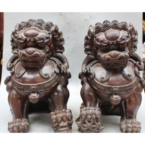 Xd 00505 15"lucky Chinese Feng Shui Pure Bronze Foo Fu Dog Guardion Lion Ball Pair Statue