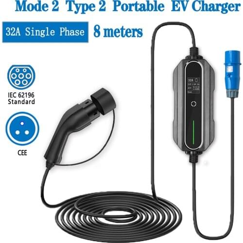 8 Meters Type 2 EV Charger 10/16/20/24/32 Amp Portable Electric Vehicle Charger CEE Plug 220V-240V Car Charging Cable IEC62196-2