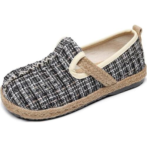 Women Shoes Flat Loafers Shallow National Style Hemp Slip On Gingham Fashion Outdoor Breathable Round Toe Casual Comfortable