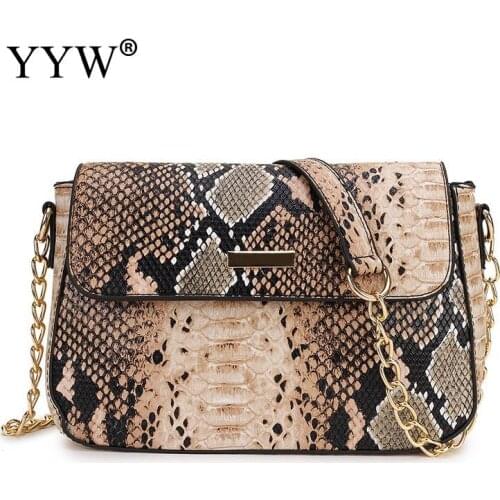 Female Pu Leather Chain Crossbody Bags New Fashion Small Snake Print Flap Shoulder Bag For Women Girls Square Messenger Bag