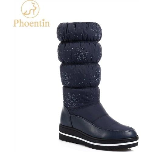 Phoentin blue boots winter women 2019 Rhinestone platform boots woman round toe flat heels down cloth female shoes black FT573