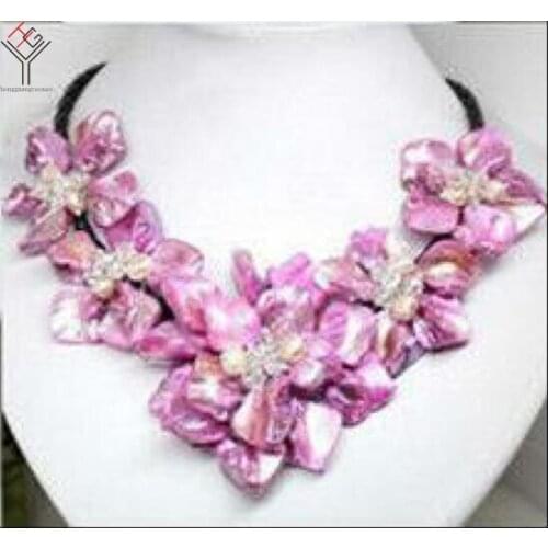 Women Classic Jewelry natural pearl Crystal 5 flower pendant bright purple shell mother of pearl necklace black leather 18"