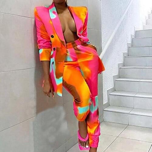 Women Pant Blazer Suit Cardigan Long Sleeve Colorful Printed Leisure Right Angle Shoulder Tie Dye Pants Suit Formal Wear Autumn