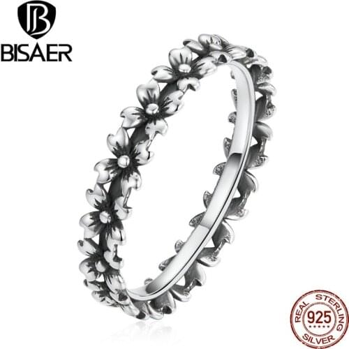 BISAER New 100% 925 Sterling Silver Flowers Garland Ring for Women Girl Retro Style Fashion Wedding Party Jewelry Gift ECR724-6